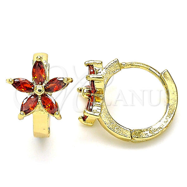 Gold Filled Hoop Earrings — Huggie Hoop Flower Design with Garnet Cubic Zirconia — main product view — SKU 142863 | Oro Laminado aretes de aro — Huggie Hoop flor diseño with Garnet Cubic Zirconia — SKU 142863