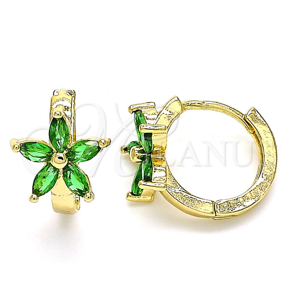 Gold Filled Hoop Earrings — Huggie Hoop Flower Design with Green Cubic Zirconia — main product view — SKU 142864 | Oro Laminado aretes de aro — Huggie Hoop flor diseño with Green Cubic Zirconia — SKU 142864
