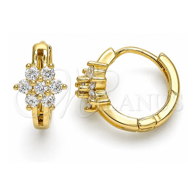 Oro Laminado Huggie Hoop, Gold Filled Style Flower Design, with White Cubic Zirconia, Polished, Golden Finish, 02.210.0497.15