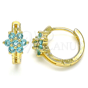 Gold Filled Hoop Earrings — Huggie Hoop Flower Design with Aqua Blue Cubic — main product view — SKU 142866 | Oro Laminado aretes de aro — Huggie Hoop flor diseño with Aqua Blue Cubic — SKU 142866