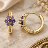 Oro Laminado Huggie Hoop, Gold Filled Style Flower Design, with Amethyst Cubic Zirconia, Polished, Golden Finish, 02.210.0497.3.15