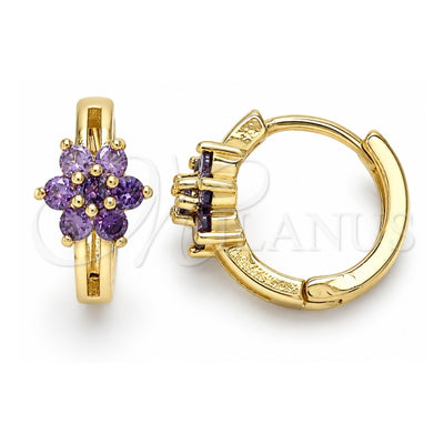 Oro Laminado Huggie Hoop, Gold Filled Style Flower Design, with Amethyst Cubic Zirconia, Polished, Golden Finish, 02.210.0497.3.15