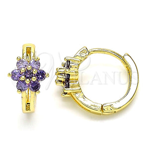 Gold Filled Hoop Earrings — Huggie Hoop Flower Design with Amethyst Cubic Zirconia — main product view — SKU 142868 | Oro Laminado aretes de aro — Huggie Hoop flor diseño with Amethyst Cubic Zirconia — SKU 142868