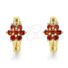 Oro Laminado Huggie Hoop, Gold Filled Style Flower Design, with Garnet Cubic Zirconia, Polished, Golden Finish, 02.210.0497.4.15