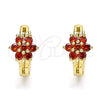 Oro Laminado Huggie Hoop, Gold Filled Style Flower Design, with Garnet Cubic Zirconia, Polished, Golden Finish, 02.210.0497.4.15