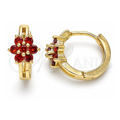 Oro Laminado Huggie Hoop, Gold Filled Style Flower Design, with Garnet Cubic Zirconia, Polished, Golden Finish, 02.210.0497.4.15