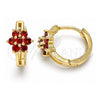 Oro Laminado Huggie Hoop, Gold Filled Style Flower Design, with Garnet Cubic Zirconia, Polished, Golden Finish, 02.210.0497.4.15
