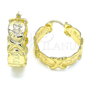 Gold Filled Hoop Earrings — Medium Hoop Hugs and Kisses Design Polished 02. — main product view — SKU 142891 | Oro Laminado aretes de aro — Medium Hoop Hugs and Kisses diseño pulido 02. — SKU 142891