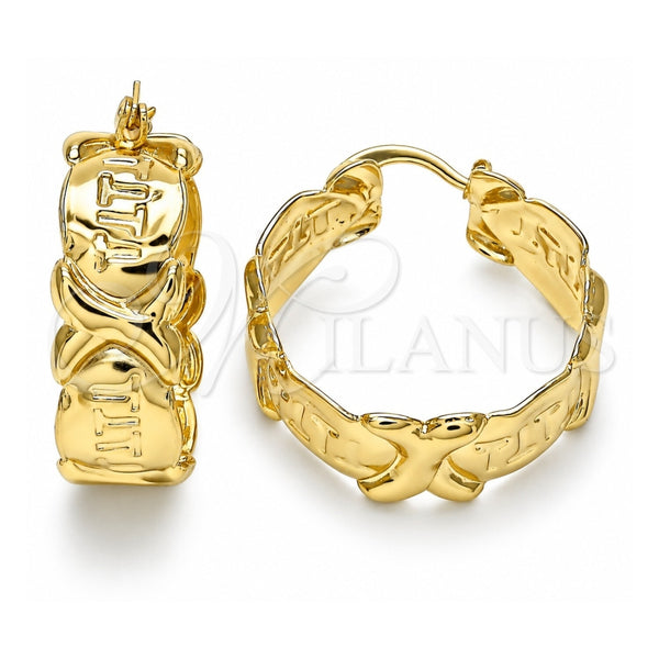 Oro Laminado Medium Hoop, Gold Filled Style Hugs and Kisses Design, Polished, Golden Finish, 02.160.0016.30