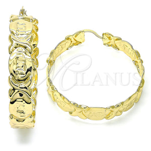 Gold Filled Hoop Earrings — Large Hoop Hugs and Kisses Design Polished 02. — main product view — SKU 142892 | Oro Laminado aretes de aro — Large Hoop Hugs and Kisses diseño pulido 02. — SKU 142892