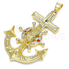 Oro Laminado Religious Pendant, Gold Filled Style Guadalupe and Anchor Design, with Garnet and White Crystal, Polished, Golden Finish, 05.213.0111