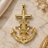 Oro Laminado Religious Pendant, Gold Filled Style Guadalupe and Anchor Design, with Garnet and White Crystal, Polished, Golden Finish, 05.213.0111