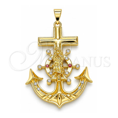 Oro Laminado Religious Pendant, Gold Filled Style Guadalupe and Anchor Design, with Garnet and White Crystal, Polished, Golden Finish, 05.213.0111