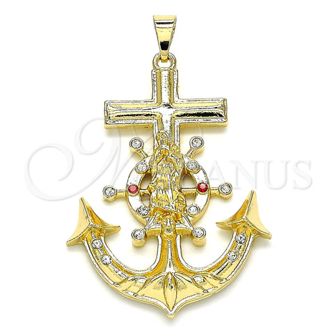 Oro Laminado Religious Pendant, Gold Filled Style Guadalupe and Anchor Design, with Garnet and White Crystal, Polished, Golden Finish, 05.213.0111