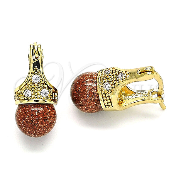 Gold Filled Hoop Earrings — Small Hoop with Brown Goldstone Venturina and White — main product view — SKU 142934 | Oro Laminado aretes de aro — Small Hoop with Brown Goldstone Venturina and blanco — SKU 142934