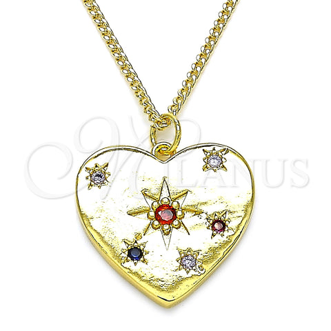 Oro Laminado Pendant Necklace, Gold Filled Style Heart Design, with Multicolor Cubic Zirconia, Polished, Golden Finish, 04.381.0008.20 (02 MM Thickness, 20 Inches Length)