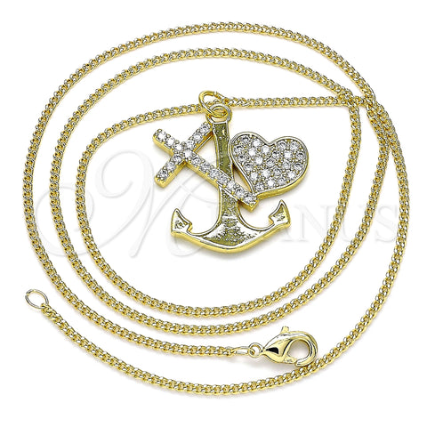 Oro Laminado Pendant Necklace, Gold Filled Style Anchor and Cross Design, with White Micro Pave, Polished, Golden Finish, 04.381.0009.20 (02 MM Thickness, 20 Inches Length)