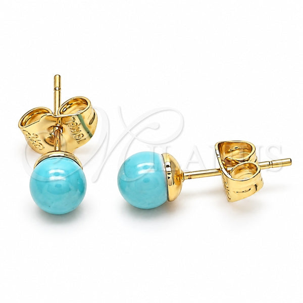 Oro Laminado Stud Earring, Gold Filled Style Ball Design, with Turquoise Pearl, Polished, Golden Finish, 02.63.2118.2
