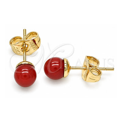 Oro Laminado Stud Earring, Gold Filled Style Ball Design, with Garnet Pearl, Polished, Golden Finish, 02.63.2118.3