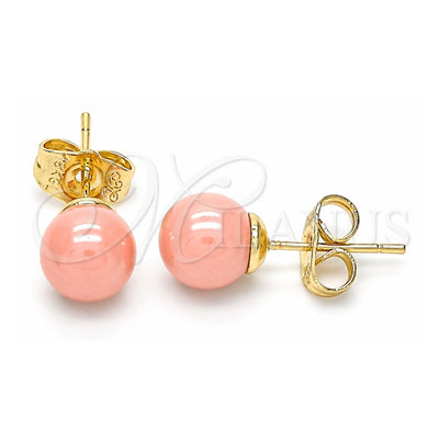 Oro Laminado Stud Earring, Gold Filled Style Ball Design, with Pink Pearl, Polished, Golden Finish, 02.63.2124.1