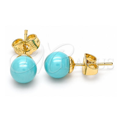 Oro Laminado Stud Earring, Gold Filled Style Ball Design, with Turquoise Pearl, Polished, Golden Finish, 02.63.2124.2