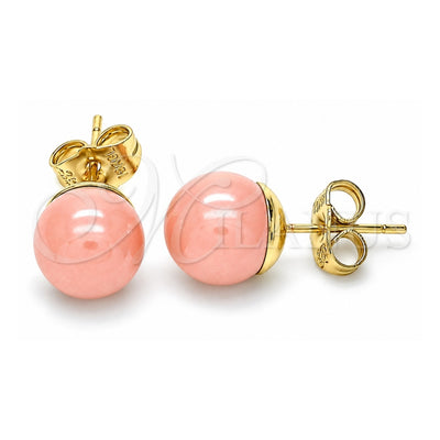 Oro Laminado Stud Earring, Gold Filled Style Ball Design, with Pink Pearl, Polished, Golden Finish, 02.63.2121.1