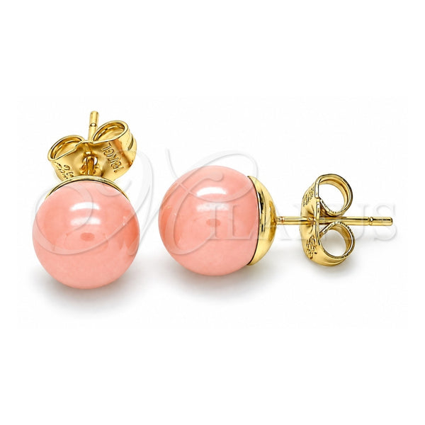 Oro Laminado Stud Earring, Gold Filled Style Ball Design, with Pink Pearl, Polished, Golden Finish, 02.63.2121.1