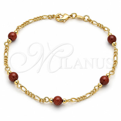 Oro Laminado Fancy Anklet, Gold Filled Style Ball Design, with Brown Goldstone Venturina, Polished, Golden Finish, 04.63.1410.10 (03 MM Thickness, 10 Inches Length)