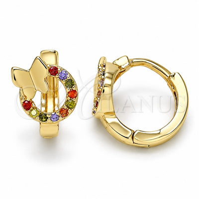 Oro Laminado Huggie Hoop, Gold Filled Style Butterfly Design, with Multicolor Micro Pave, Polished, Golden Finish, 02.284.0034.12