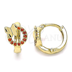 Gold Filled Hoop Earrings — Huggie Hoop Butterfly Design with Garnet Micro Pave — main product view — SKU 143020 | Oro Laminado aretes de aro — Huggie Hoop Butterfly diseño with Garnet Micro Pave — SKU 143020