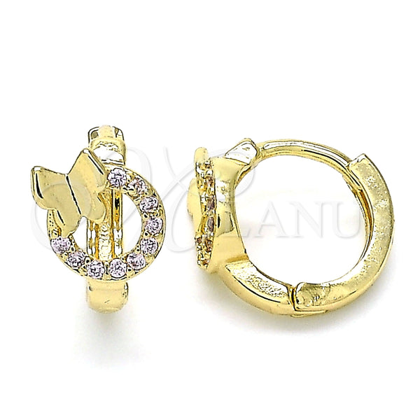 Gold Filled Hoop Earrings — Huggie Hoop Butterfly Design with Pink Micro Pave — main product view — SKU 143021 | Oro Laminado aretes de aro — Huggie Hoop Butterfly diseño with Pink Micro Pave — SKU 143021