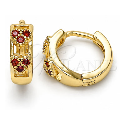 Oro Laminado Huggie Hoop, Gold Filled Style Heart Design, with Garnet Micro Pave, Polished, Golden Finish, 02.284.0035.1.12