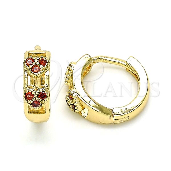 Gold Filled Hoop Earrings — Huggie Hoop Heart Design with Garnet Micro Pave — main product view — SKU 143023 | Oro Laminado aretes de aro — Huggie Hoop corazón diseño with Garnet Micro Pave — SKU 143023