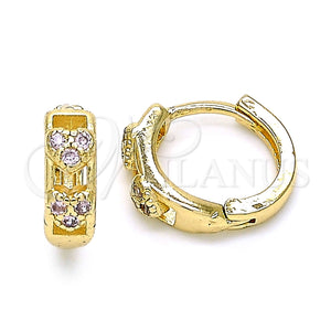 Gold Filled Hoop Earrings — Huggie Hoop Heart Design with Pink Micro Pave — main product view — SKU 143024 | Oro Laminado aretes de aro — Huggie Hoop corazón diseño with Pink Micro Pave — SKU 143024