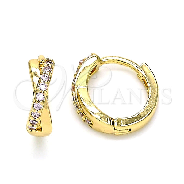 Gold Filled Hoop Earrings — Huggie Hoop with Pink Micro Pave Polished 02. — main product view — SKU 143027 | Oro Laminado aretes de aro — Huggie Hoop with Pink Micro Pave pulido 02. — SKU 143027