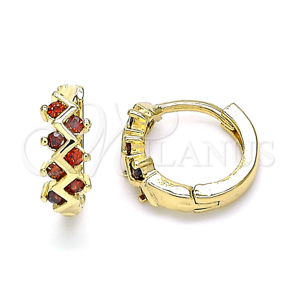 Gold Filled Hoop Earrings — Huggie Hoop with Garnet Cubic Zirconia Polished 02. — main product view — SKU 143029 | Oro Laminado aretes de aro — Huggie Hoop with Garnet Cubic Zirconia pulido 02. — SKU 143029