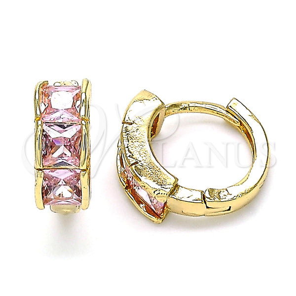Gold Filled Hoop Earrings — Huggie Hoop with Pink Cubic Zirconia Polished 02. — main product view — SKU 143031 | Oro Laminado aretes de aro — Huggie Hoop with Pink Cubic Zirconia pulido 02. — SKU 143031