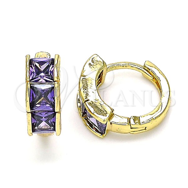 Gold Filled Hoop Earrings — Huggie Hoop with Amethyst Cubic Zirconia Polished 02. — main product view — SKU 143033 | Oro Laminado aretes de aro — Huggie Hoop with Amethyst Cubic Zirconia pulido 02. — SKU 143033