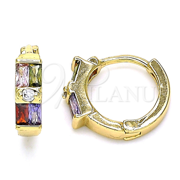 Gold Filled Hoop Earrings — Huggie Hoop Baguette Design with Multicolor Cubic Zirconia — main product view — SKU 143034 | Oro Laminado aretes de aro — Huggie Hoop Baguette diseño with Multicolor Cubic Zirconia — SKU 143034