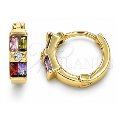 Oro Laminado Huggie Hoop, Gold Filled Style Baguette Design, with Multicolor Cubic Zirconia, Polished, Golden Finish, 02.284.0039.15
