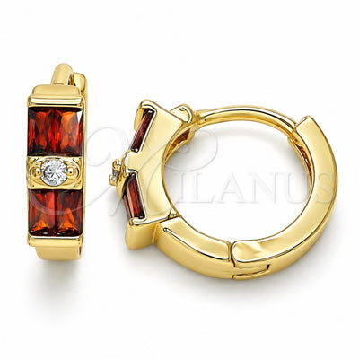 Oro Laminado Huggie Hoop, Gold Filled Style Baguette Design, with Garnet and White Cubic Zirconia, Polished, Golden Finish, 02.284.0039.1.15