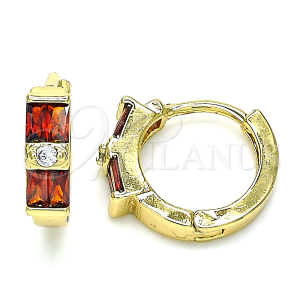Gold Filled Hoop Earrings — Huggie Hoop Baguette Design with Garnet and White — main product view — SKU 143035 | Oro Laminado aretes de aro — Huggie Hoop Baguette diseño with Garnet and blanco — SKU 143035