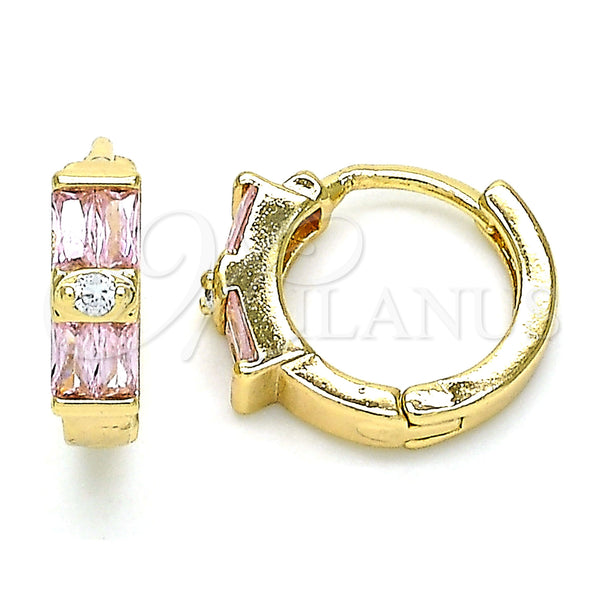 Gold Filled Hoop Earrings — Huggie Hoop Baguette Design with Pink and White — main product view — SKU 143036 | Oro Laminado aretes de aro — Huggie Hoop Baguette diseño with Pink and blanco — SKU 143036