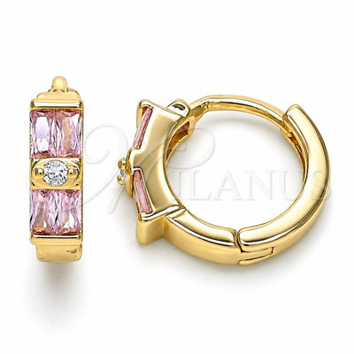 Oro Laminado Huggie Hoop, Gold Filled Style Baguette Design, with Pink and White Cubic Zirconia, Polished, Golden Finish, 02.284.0039.2.15