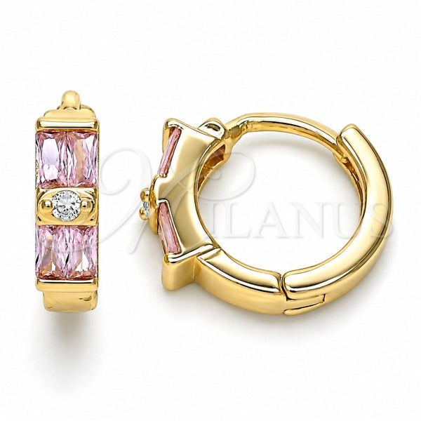 Oro Laminado Huggie Hoop, Gold Filled Style Baguette Design, with Pink and White Cubic Zirconia, Polished, Golden Finish, 02.284.0039.2.15