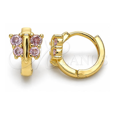 Oro Laminado Huggie Hoop, Gold Filled Style Butterfly Design, with Pink Cubic Zirconia, Polished, Golden Finish, 02.284.0040.12
