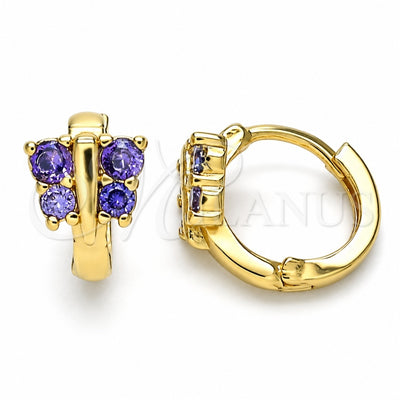 Oro Laminado Huggie Hoop, Gold Filled Style Butterfly Design, with Amethyst Cubic Zirconia, Polished, Golden Finish, 02.284.0040.2.12