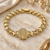 Oro Laminado Fancy Bracelet, Gold Filled Style Guadalupe Design, with White Micro Pave, Diamond Cutting Finish, Golden Finish, 03.100.0065.1.07 (09 MM Thickness, 7 Inches Length)