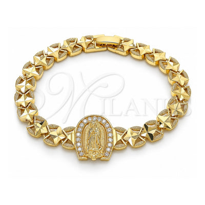 Oro Laminado Fancy Bracelet, Gold Filled Style Guadalupe Design, with White Micro Pave, Diamond Cutting Finish, Golden Finish, 03.100.0065.1.07 (09 MM Thickness, 7 Inches Length)