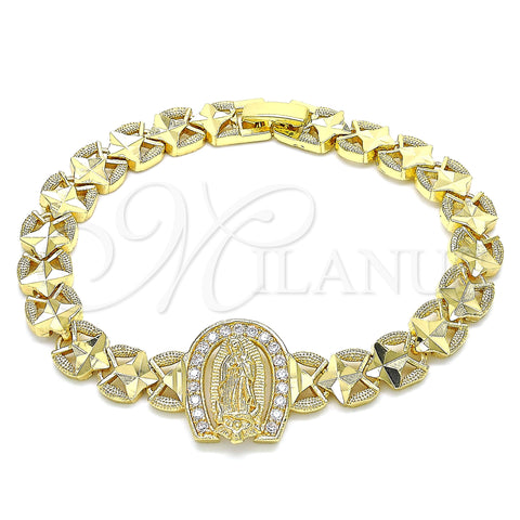 Oro Laminado Fancy Bracelet, Gold Filled Style Guadalupe Design, with White Micro Pave, Diamond Cutting Finish, Golden Finish, 03.100.0065.1.07 (09 MM Thickness, 7 Inches Length)